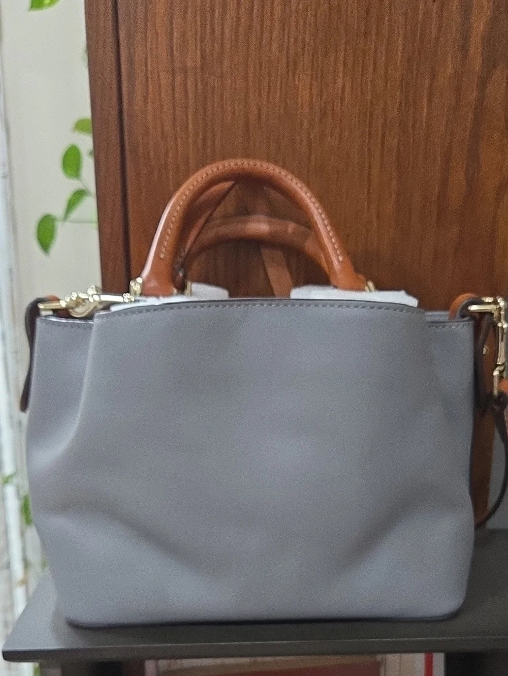 Dooney & Bourke Mini Breanna Gray Satchel with Brown Handles